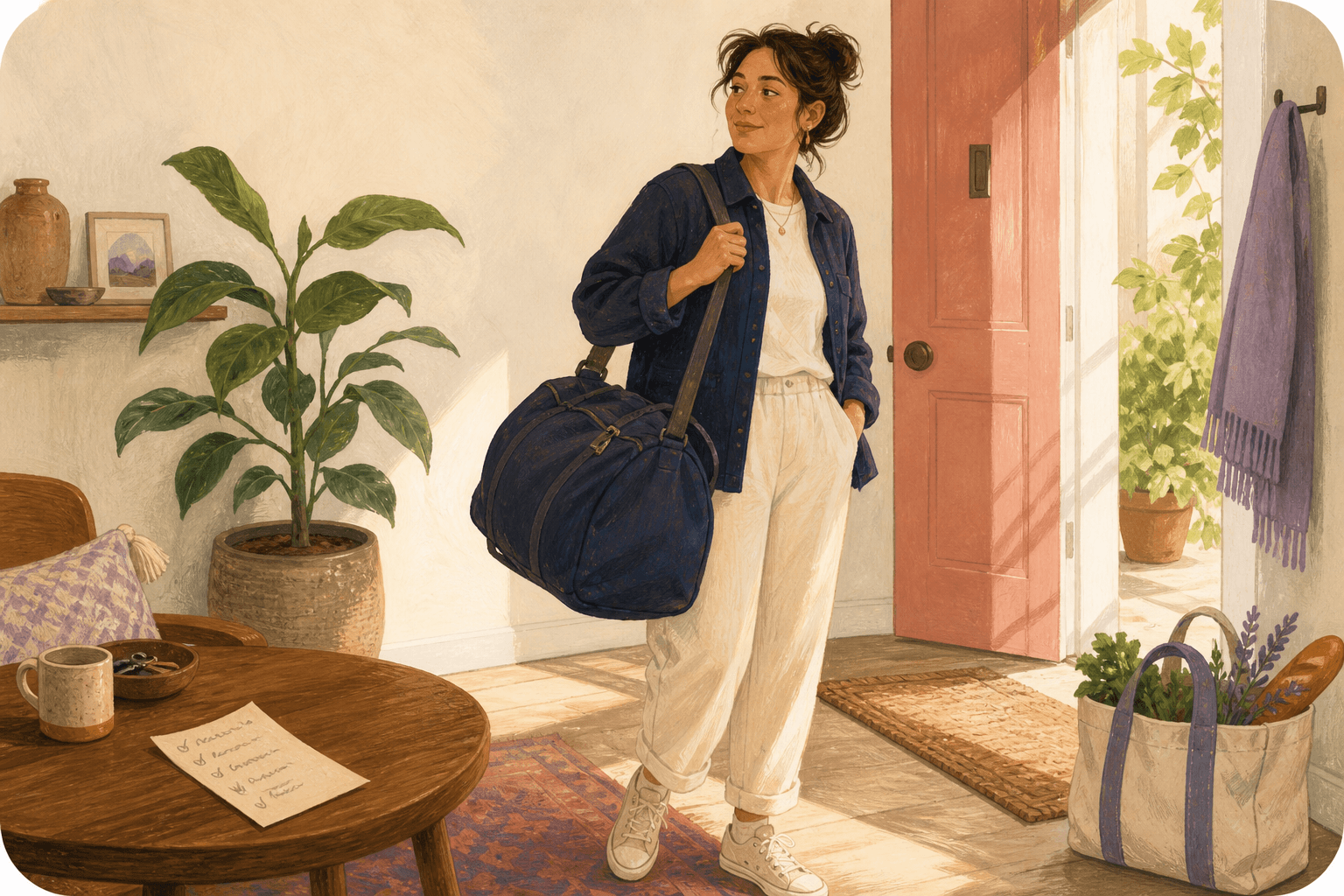 Illustration of a person with a packed bag, ready to head out into a sunny day.
