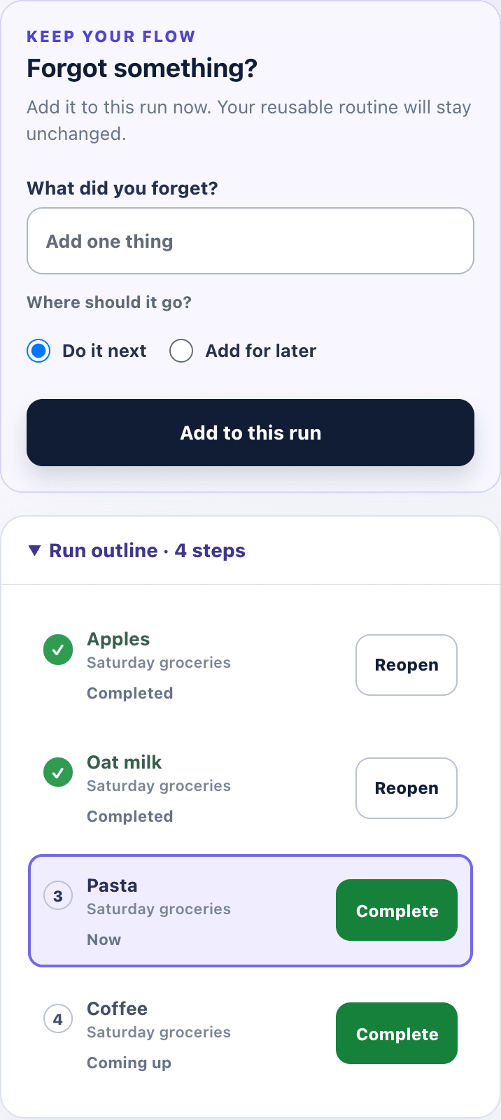 A grocery run with Apples and Oat milk checked off, Pasta and Coffee still to do, and a Forgot something? field to add another item.